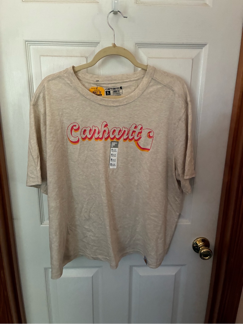 Carhartt Cream Graphic Tee with Pink & Orange Script